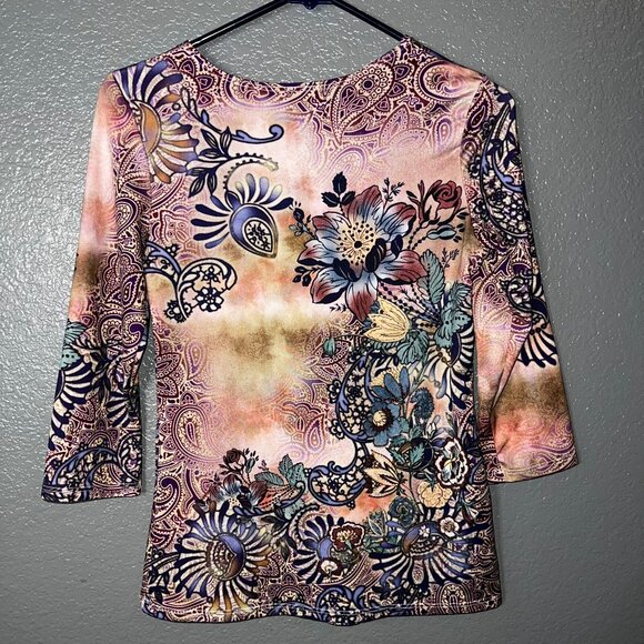 Notations Women’s Multicolor Floral Paisley Print Top Size S 3/4 Sleeve Scoop Ne - Picture 2 of 4